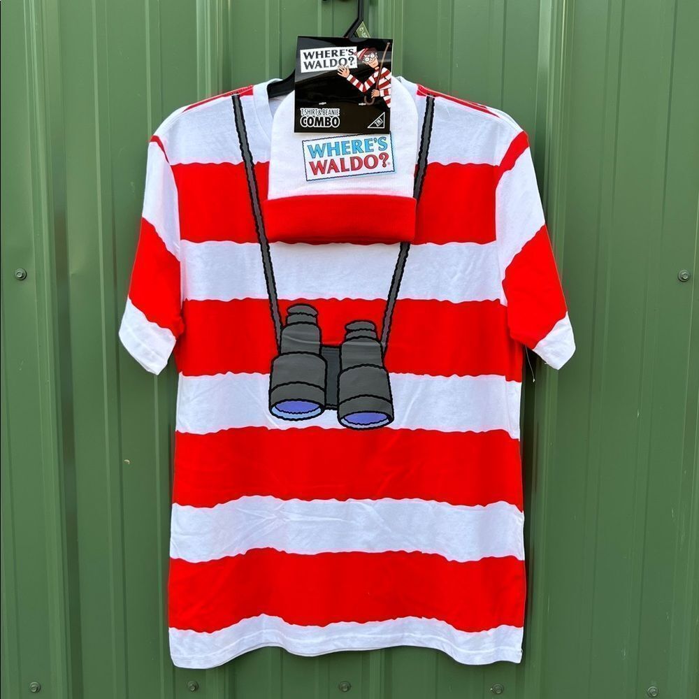 Where's Waldo Graphic Halloween Cosplay T-Shirt & Matching Beanie Costume Sz XLt